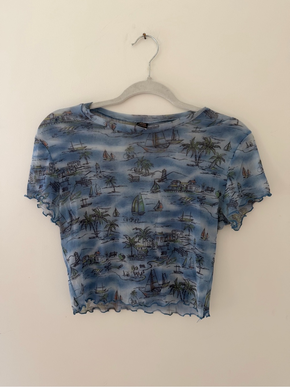 Only Blue Scenic Print Short Sleeve Crop Top